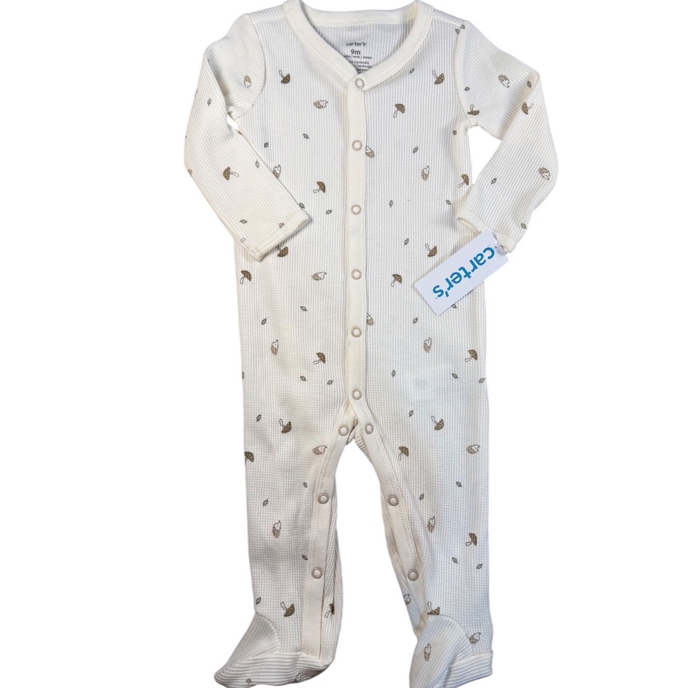 Carters Baby 9M Mushroom Waffle Knit Thermal Sleep and Play Romper‎ Ivory New